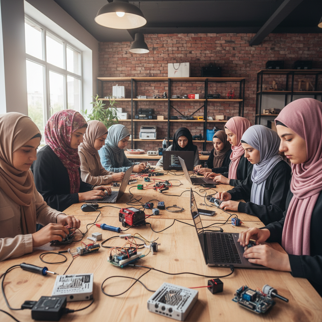 Teenage girls in hijab working on Arduino robotics boards