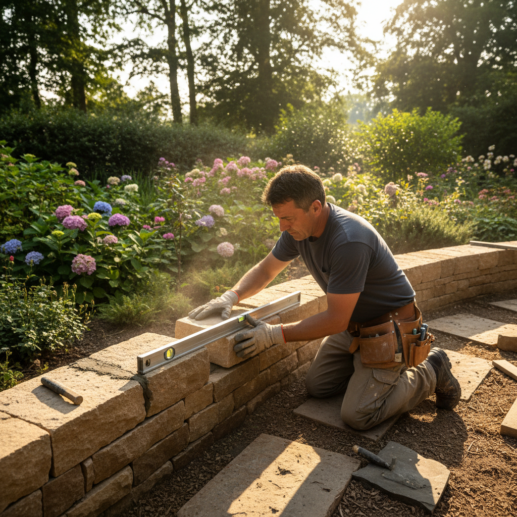 Skilled mason placing herringbone clay pavers by hand with rubber mallet and spacer tool on prepared sand bed