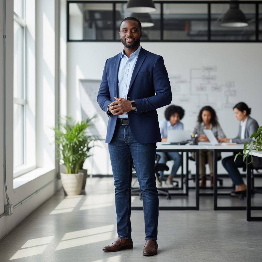 Professional Black man in dark suit smiling confidently in modern office with blue ambient lighting