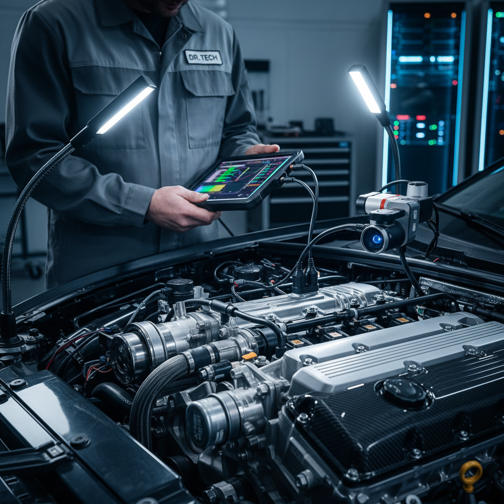 Mechanic using tablet to look up car parts in workshop
