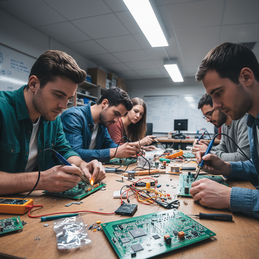 Engineering students working on circuit boards in a modern university lab
