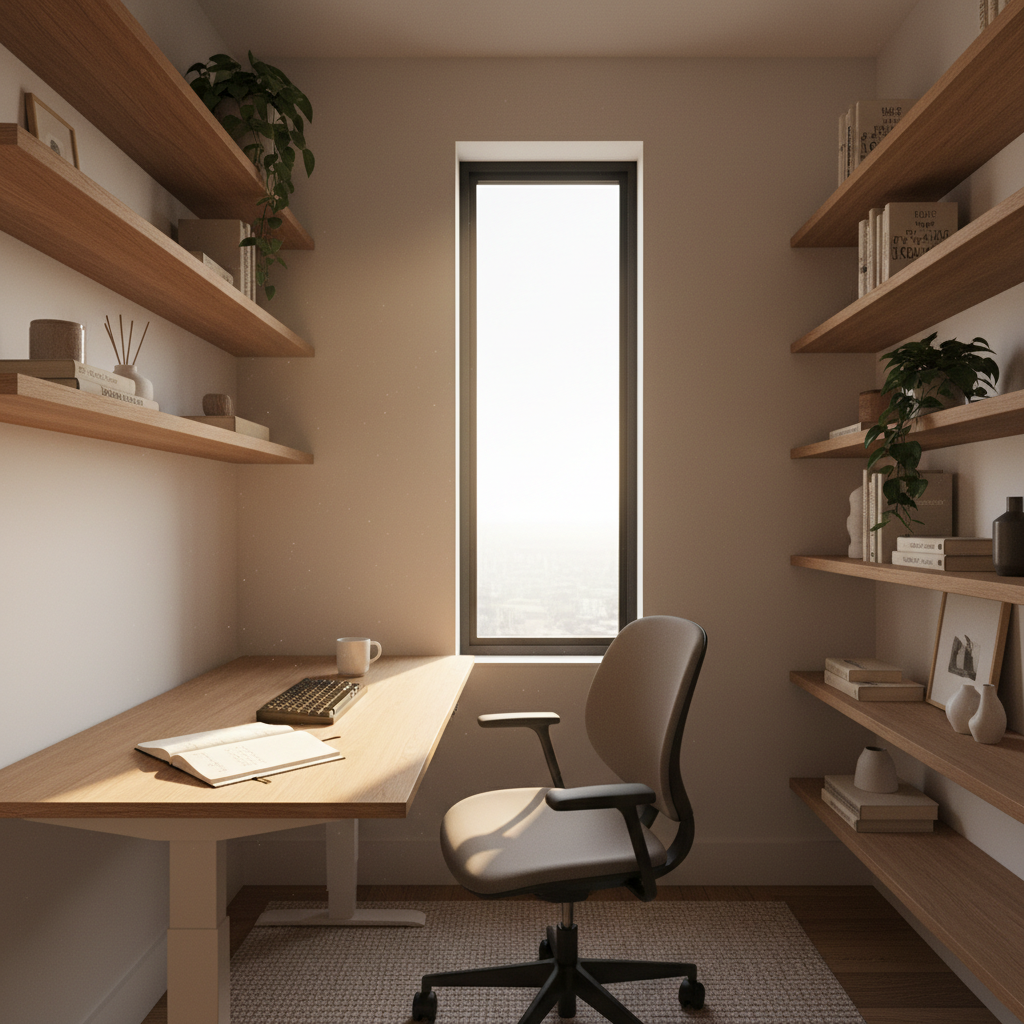 A compact home office nook with built-in shelving, a standing desk by a tall window, morning sunlight falling across a keyboard and notebook