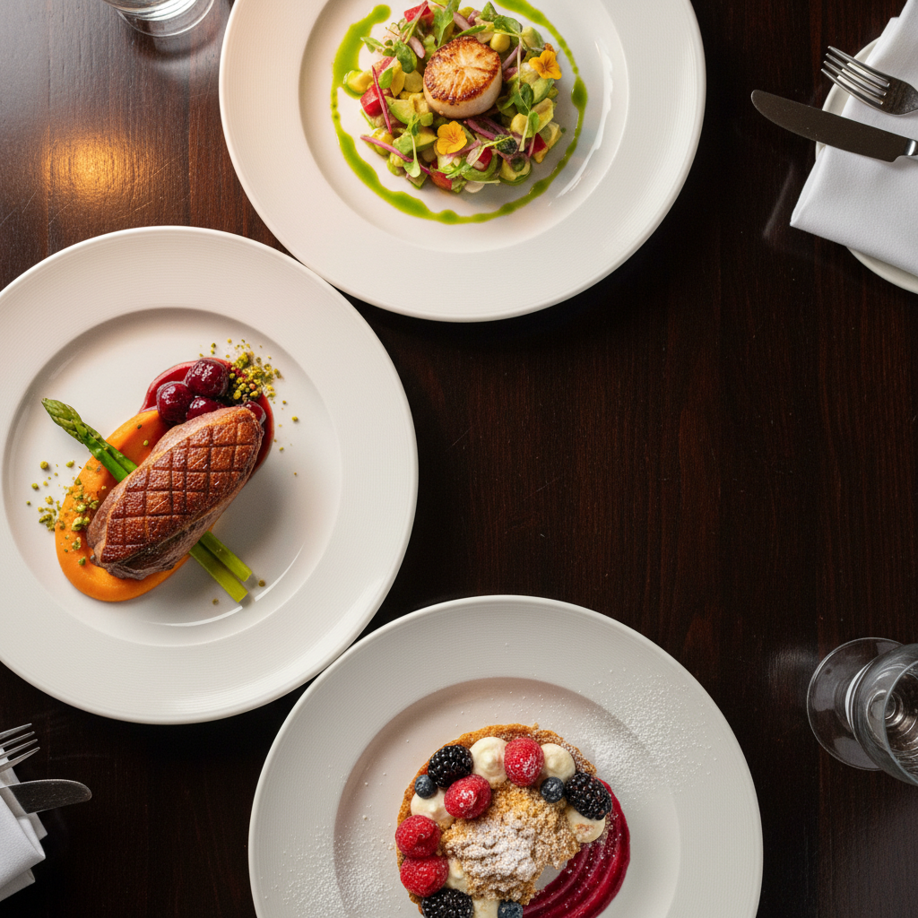Beautifully plated food on a dark slate surface, vibrant colors, professional food photography in warm restaurant lighting