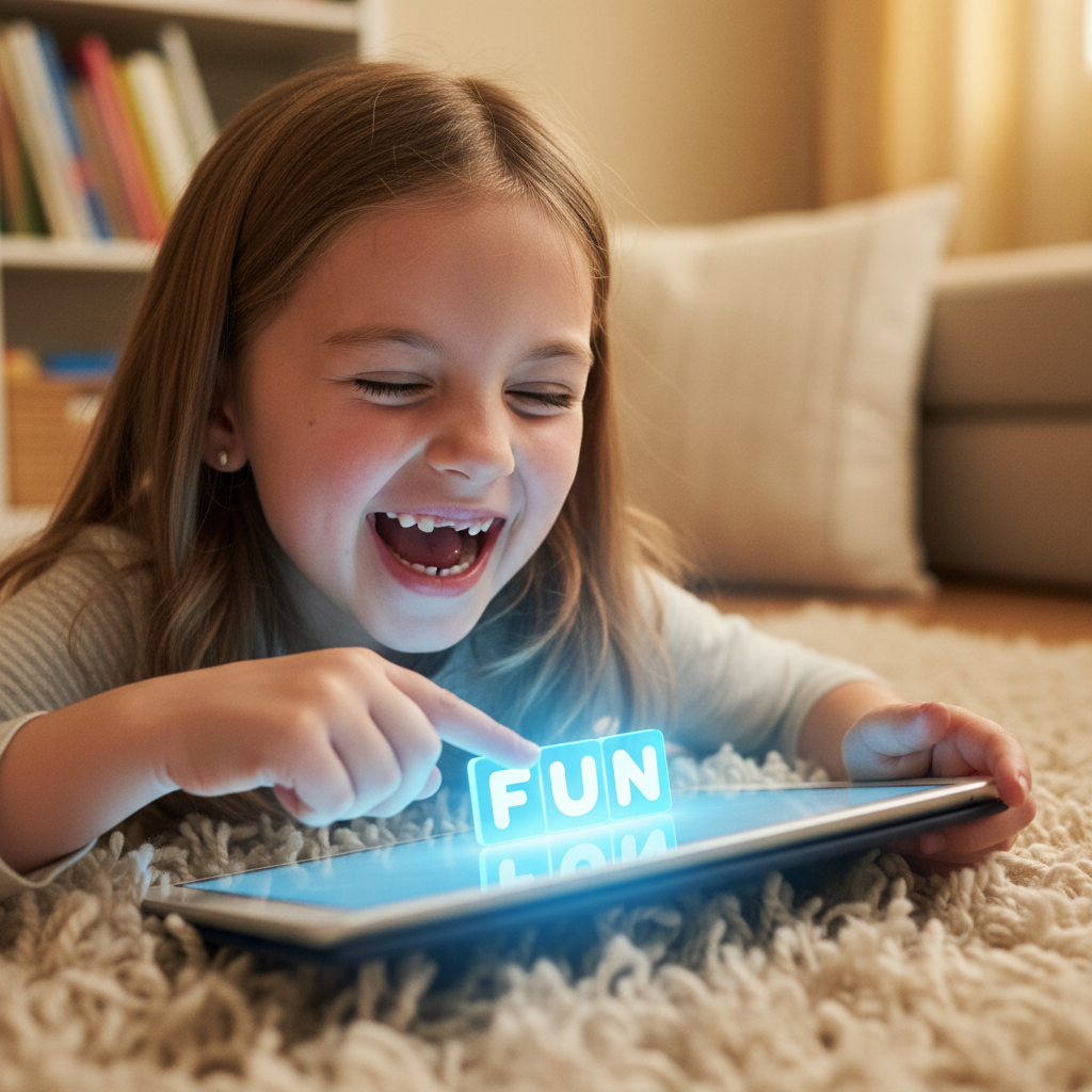 Young girl lying on a shaggy rug, laughing with delight as she drags a glowing word tile on her tablet