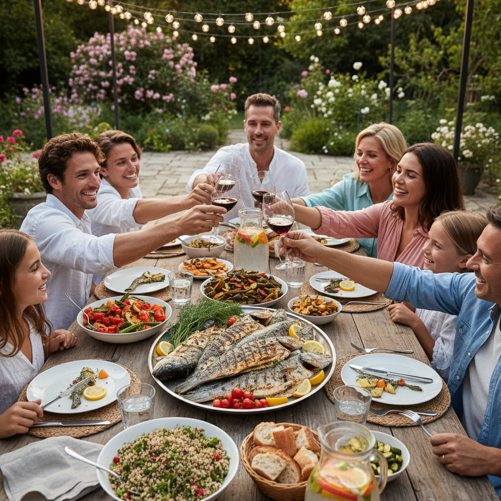 Family celebration preparation with outdoor tables being arranged in warm afternoon light, organized and inviting atmosphere