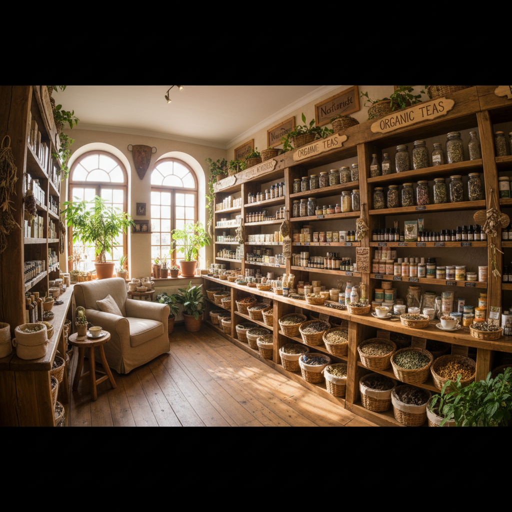 Potes com temperos e produtos naturais a granel em loja de bairro, ambiente quente e acolhedor