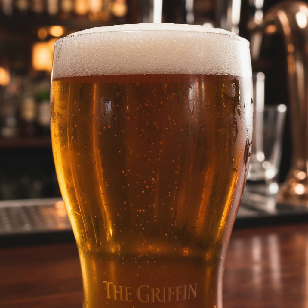 Pint of real ale at the Griffin bar — golden Welsh ale, traditional pump