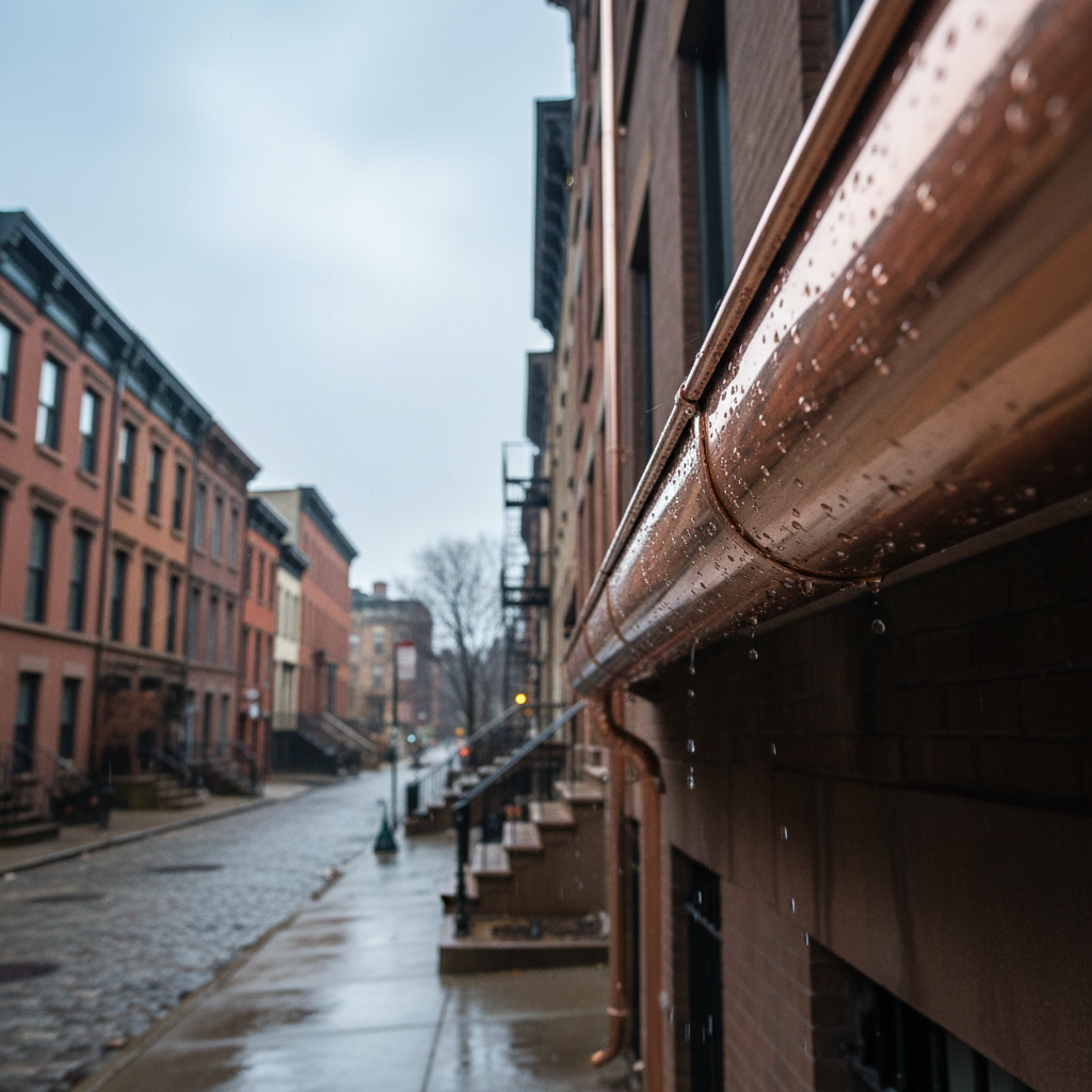 Clean copper gutter on a rain-slicked New York brownstone after professional cleaning service