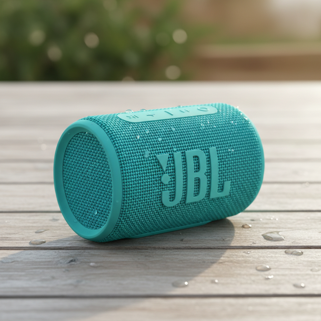 Teal portable Bluetooth speaker on wooden surface outdoors, bright daylight