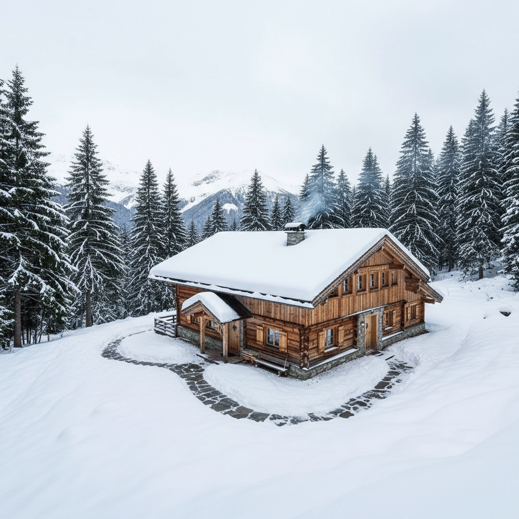 Cozy alpine ski chalet in snow-covered Truckee surrounded by pine trees near ski slopes