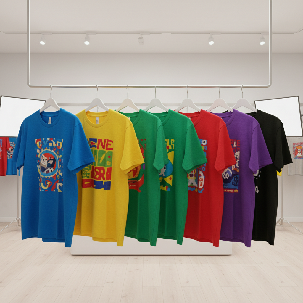 Colorful t-shirts displayed on hangers in a bright, modern retail setting