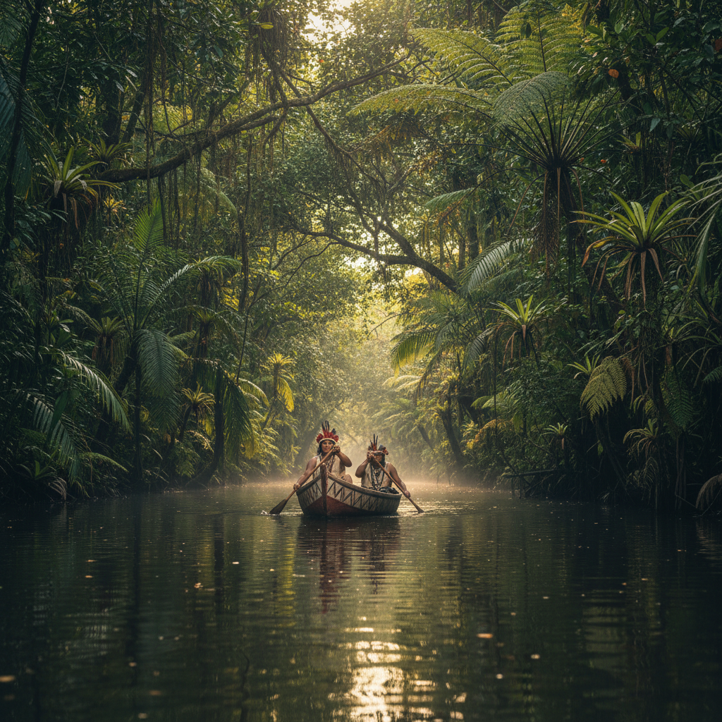 Small wooden boat navigating narrow Amazon tributary through dense overhanging jungle canopy
