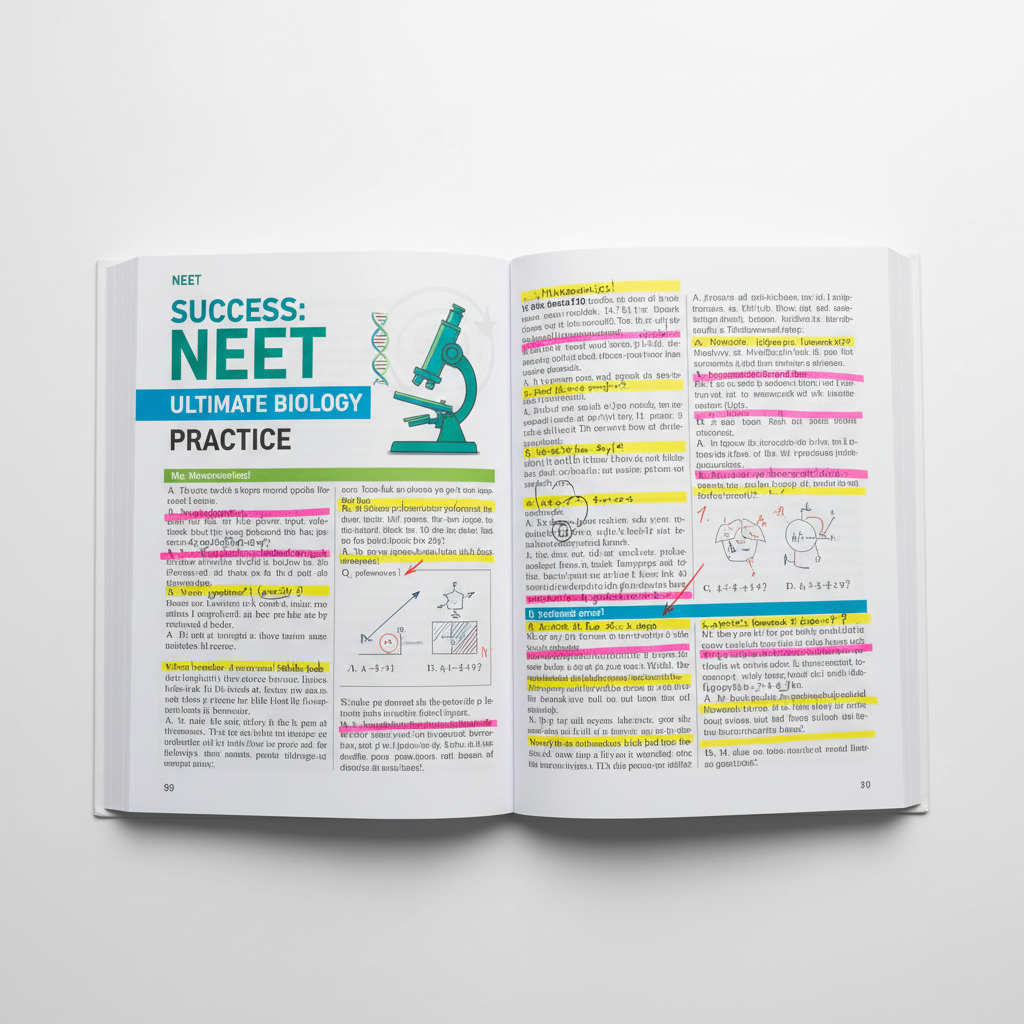 NEET preparation book with practice problems, highlighted passages, student annotations