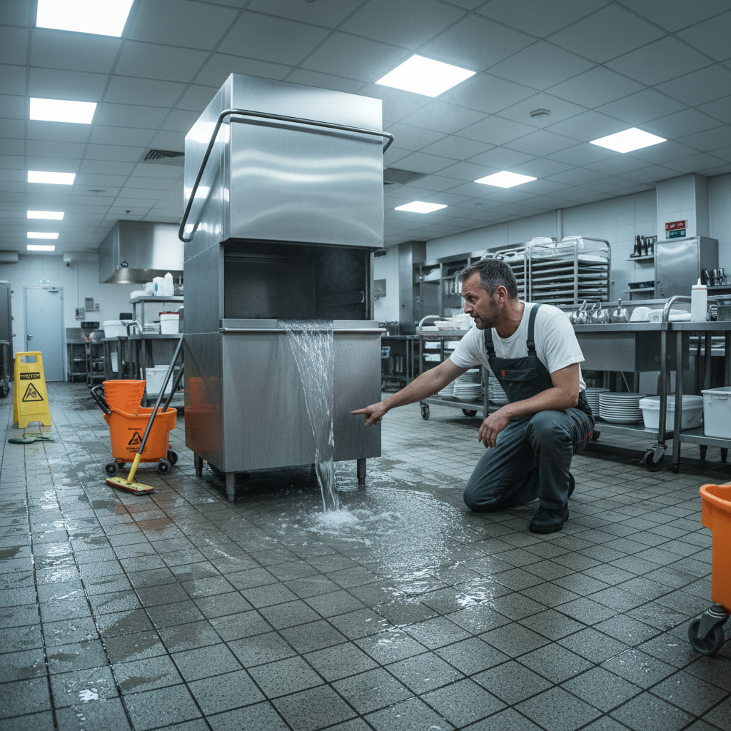 Commercial dishwasher with leaking gasket and flooded kitchen floor requiring emergency repair