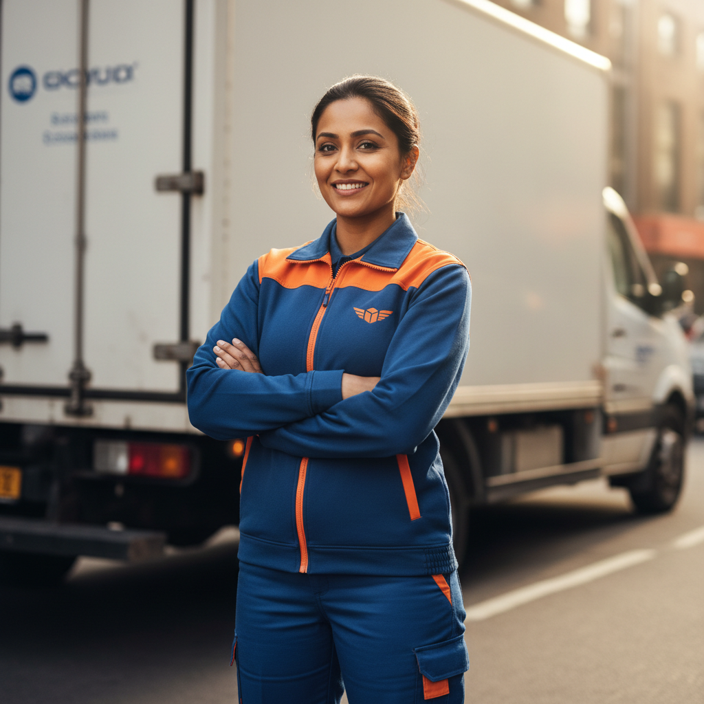 South Asian woman in a delivery uniform standing in front of a delivery vehicle, arms crossed, confident expression