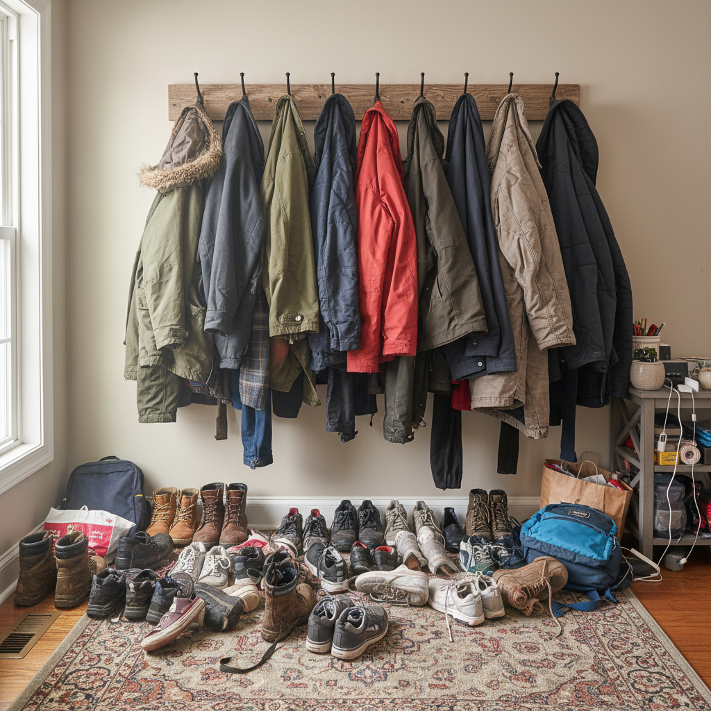 Messy entryway with shoes and bags cluttering the floor
