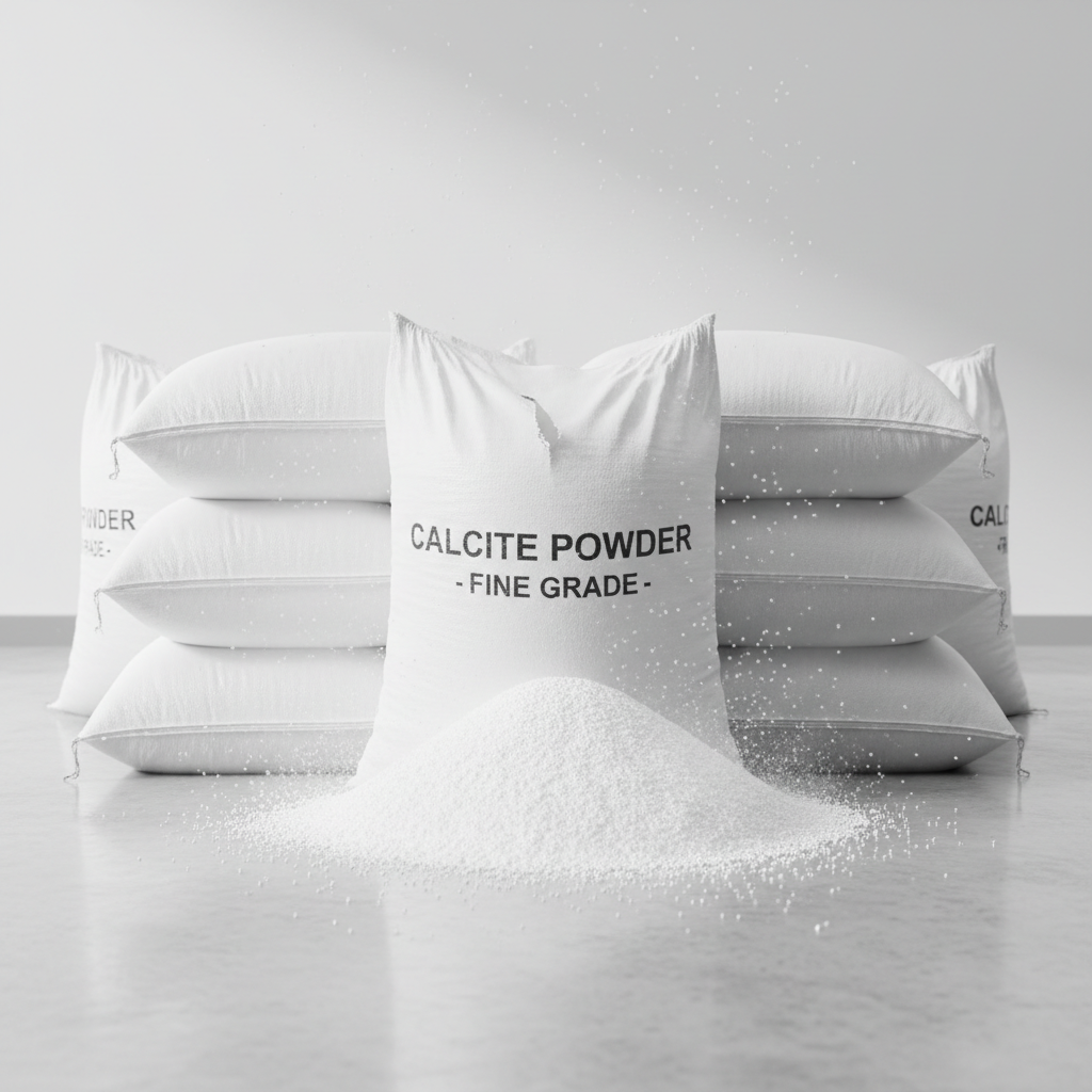 White calcium carbonate filler powder in industrial bags stacked in warehouse