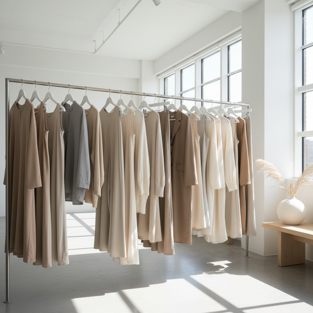 Clothing rack with neutral-toned garments in a bright airy studio, minimal decor, wooden floor