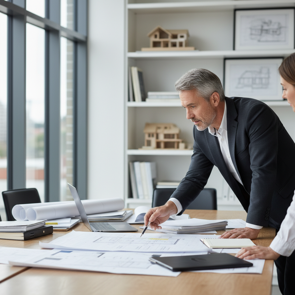 Two professionals reviewing printed plans at a table in a modern workspace