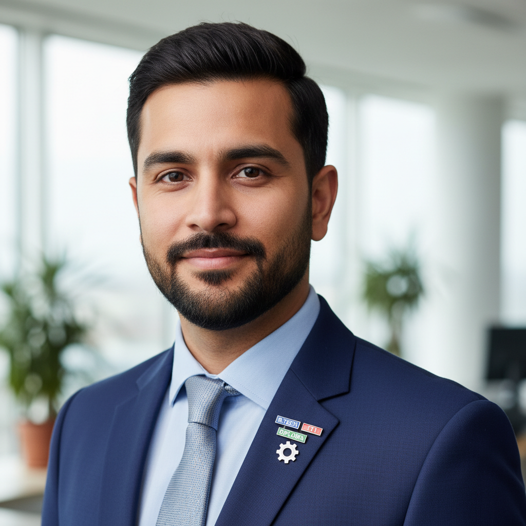 Engineering & Tech Counsellor in professional attire, bright indoor setting with neutral background