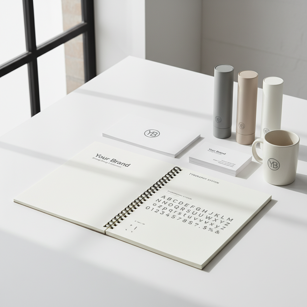 Brand identity design materials on bright white table with colorful swatches, clean well-lit creative studio environment