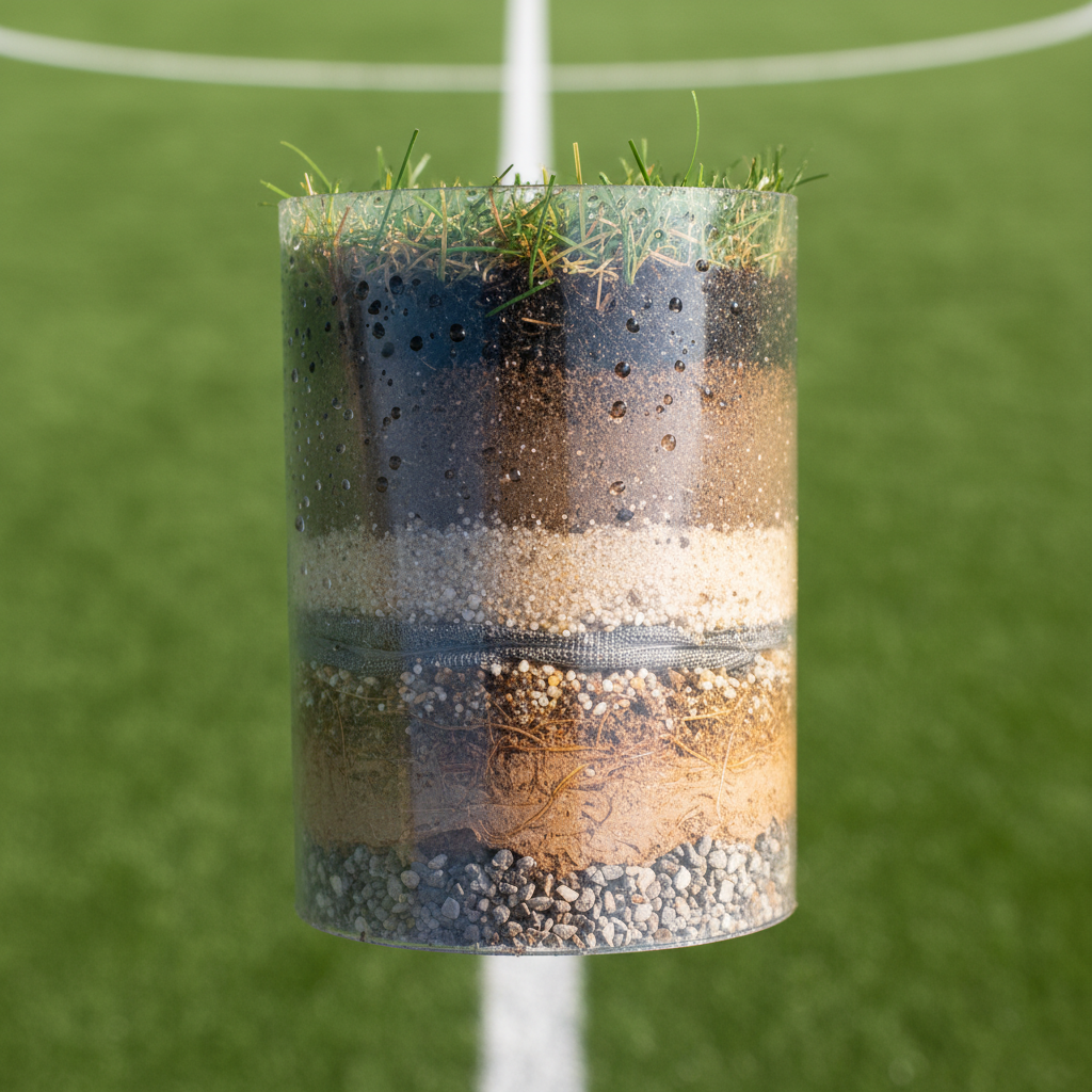 Close-up of a soil core sample taken from a sports pitch showing layered soil composition