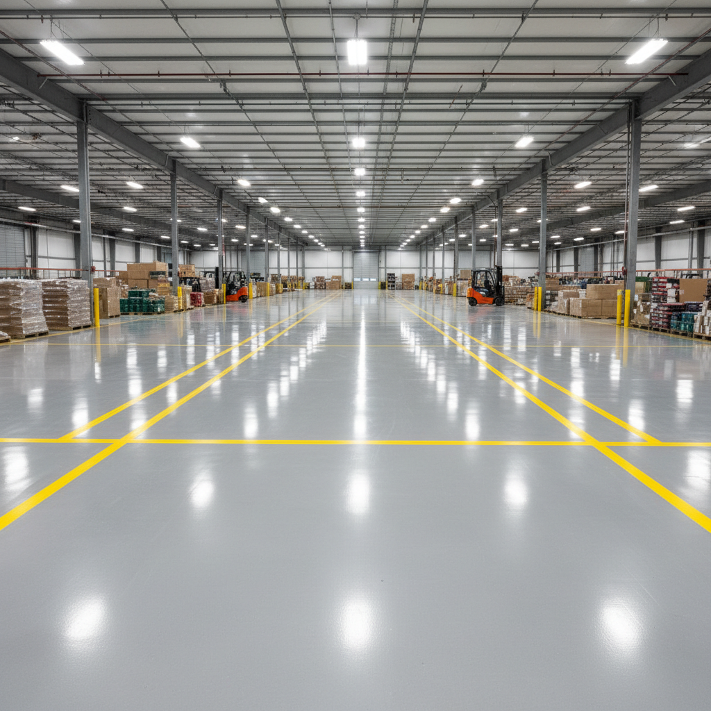 Clean industrial warehouse interior with epoxy floor, bright lighting, organized facility maintenance