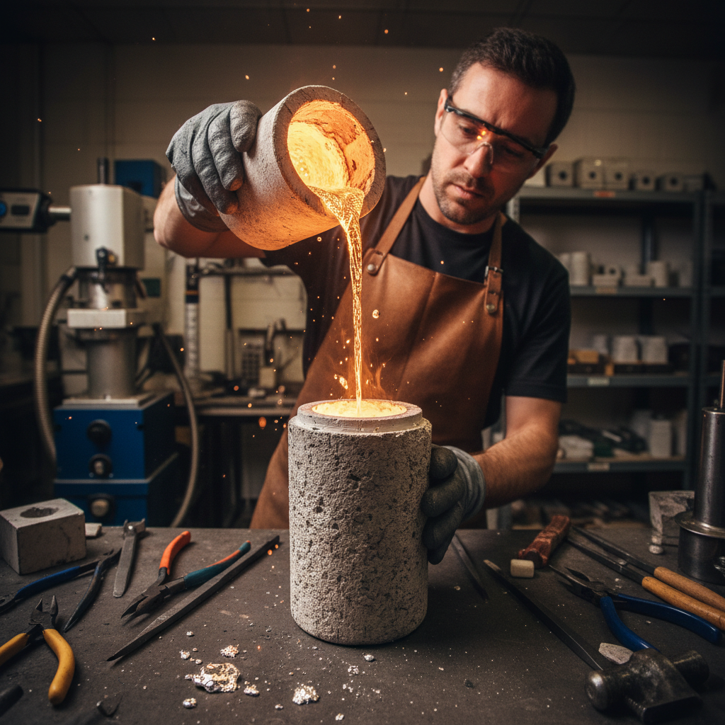 Jeweler pouring molten silver into an investment flask during a lost-wax casting workshop