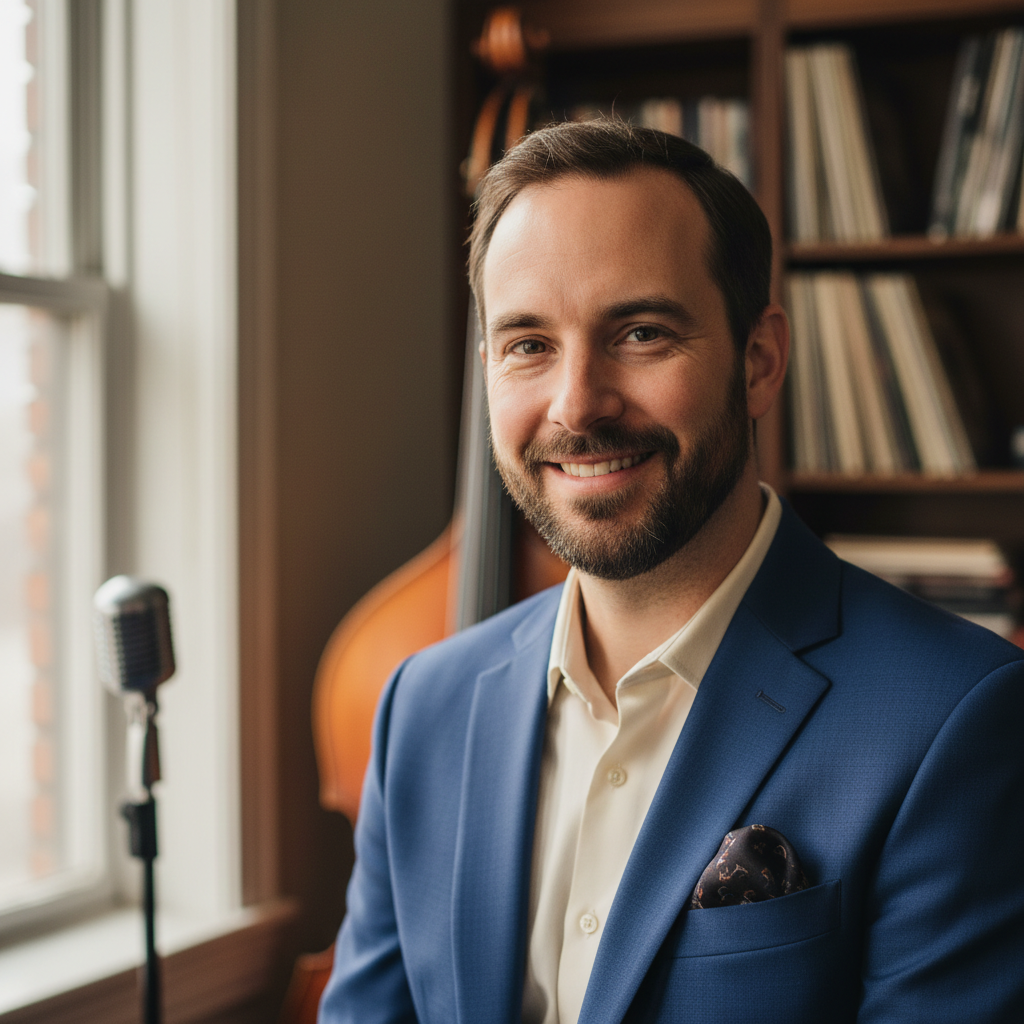 Male jazz bass instructor with confident expression, professional portrait