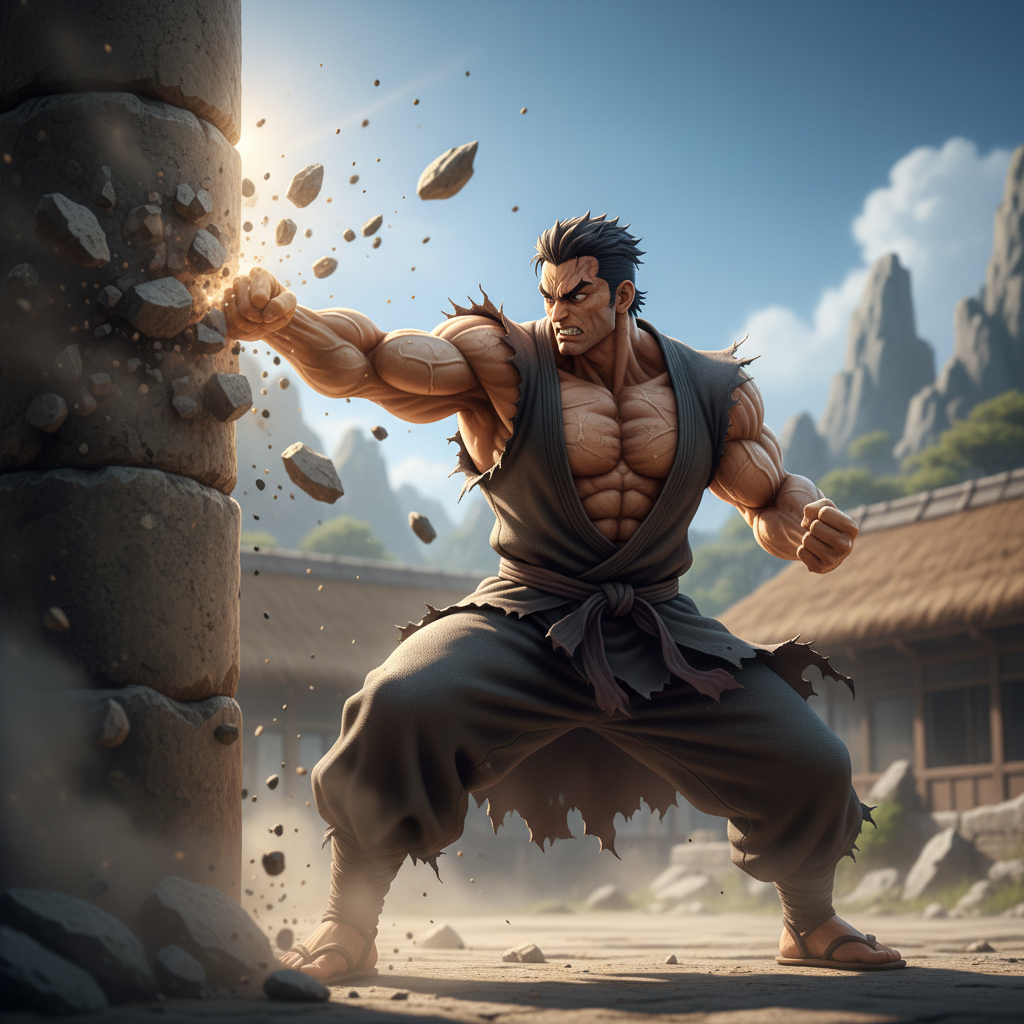 Stone pillar hashira with muscular build demonstrating rock-breaking training techniques