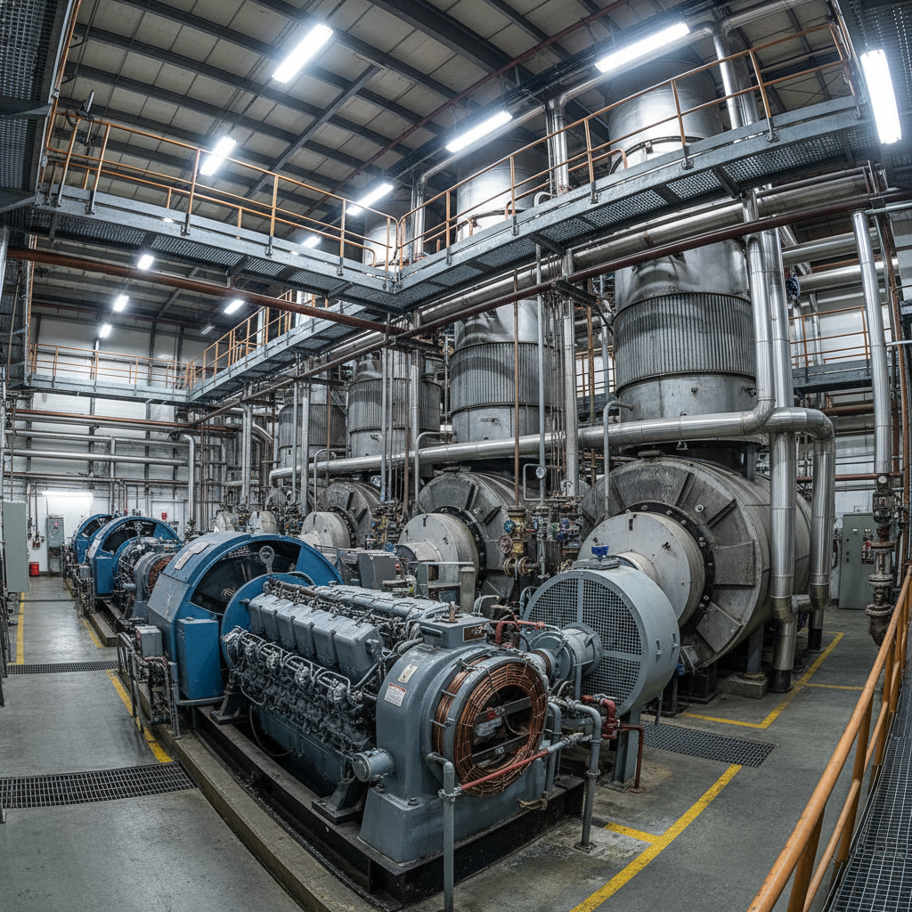 Gas power plant turbine hall interior, large industrial machinery, steel walkways, dim industrial atmospheric lighting