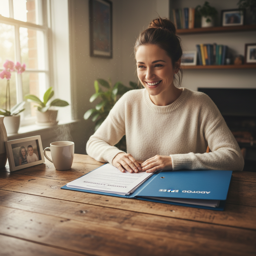 Woman smiling warmly, sitting at a wooden table with adoption documents