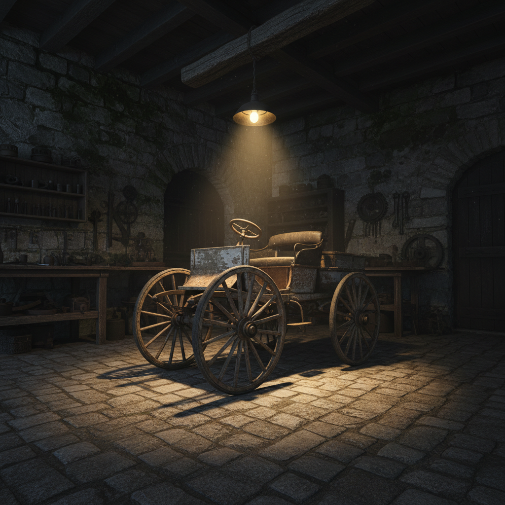 Antique three-wheeled automobile in dimly lit stone workshop, single overhead lamp casting dramatic shadows on iron frame and wooden wheels