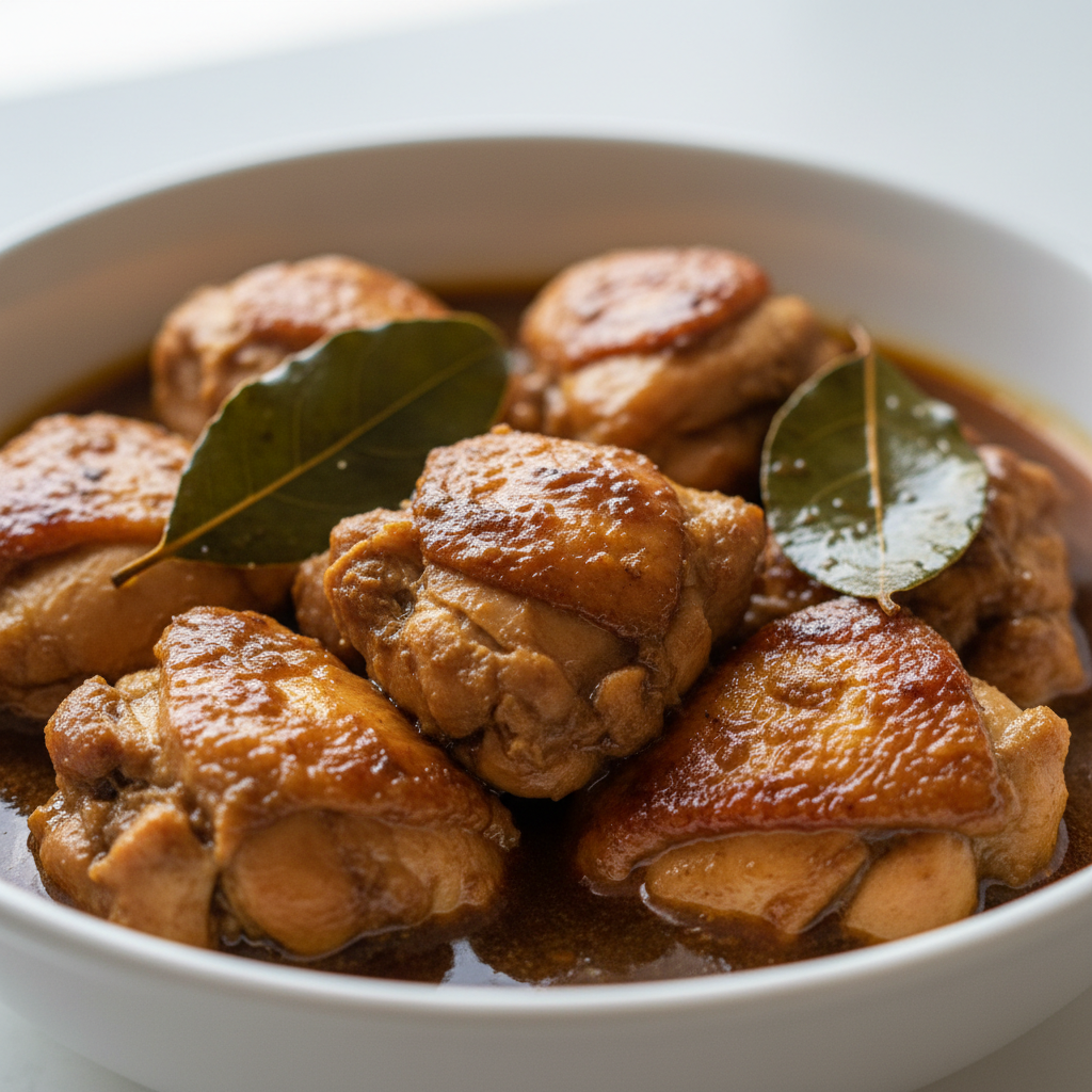 Filipino chicken adobo with steamed white rice on a white plate with garlic and bay leaves