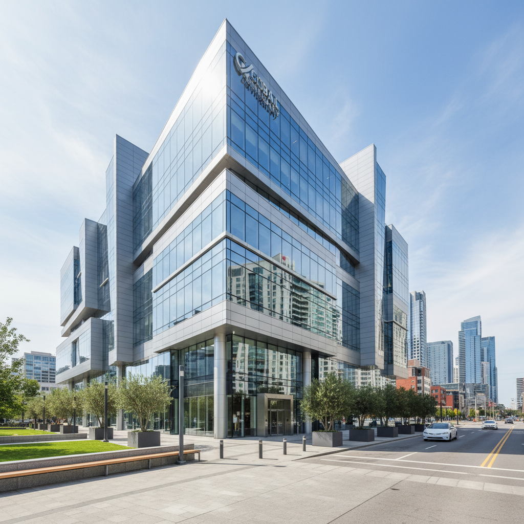 Modern commercial real estate brokerage headquarters building exterior