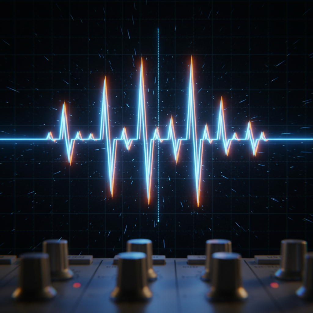 Dynamic wave-form abstract in electric blue and deep black — sound made visible