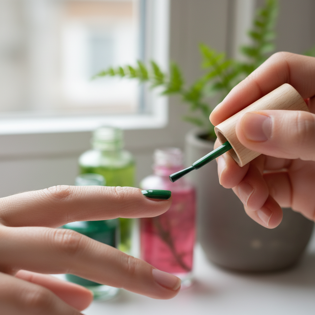 Nail technician applying plant-based polish with precise brush strokes