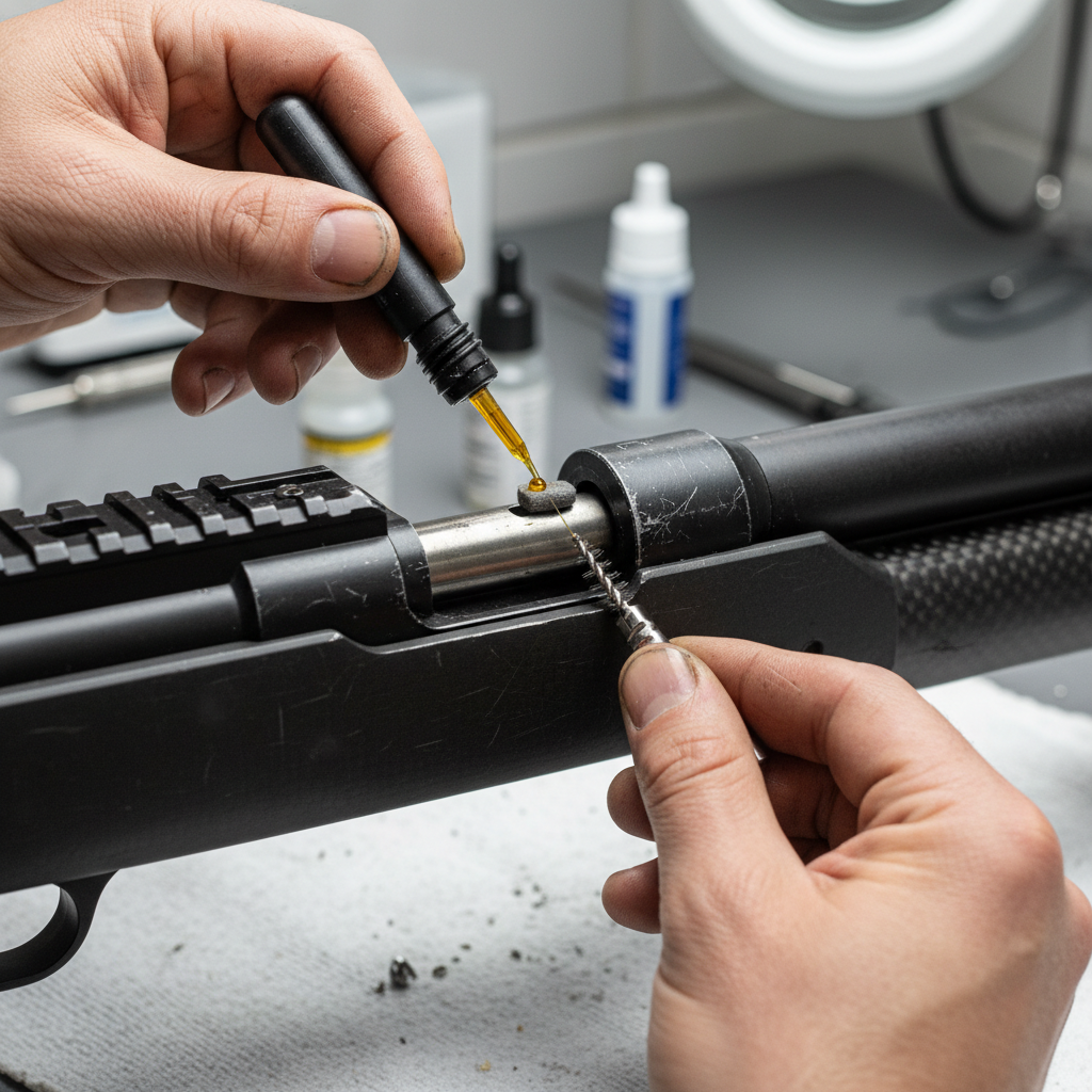 Close-up of professional maintaining PCP airgun with cleaning tools and oil on workbench