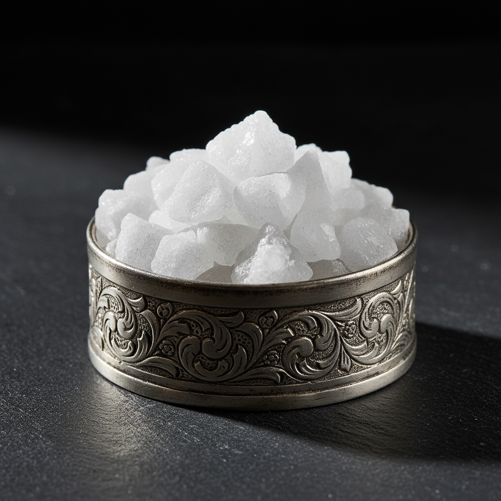 White pyramid salt crystals in decorative tin on dark background