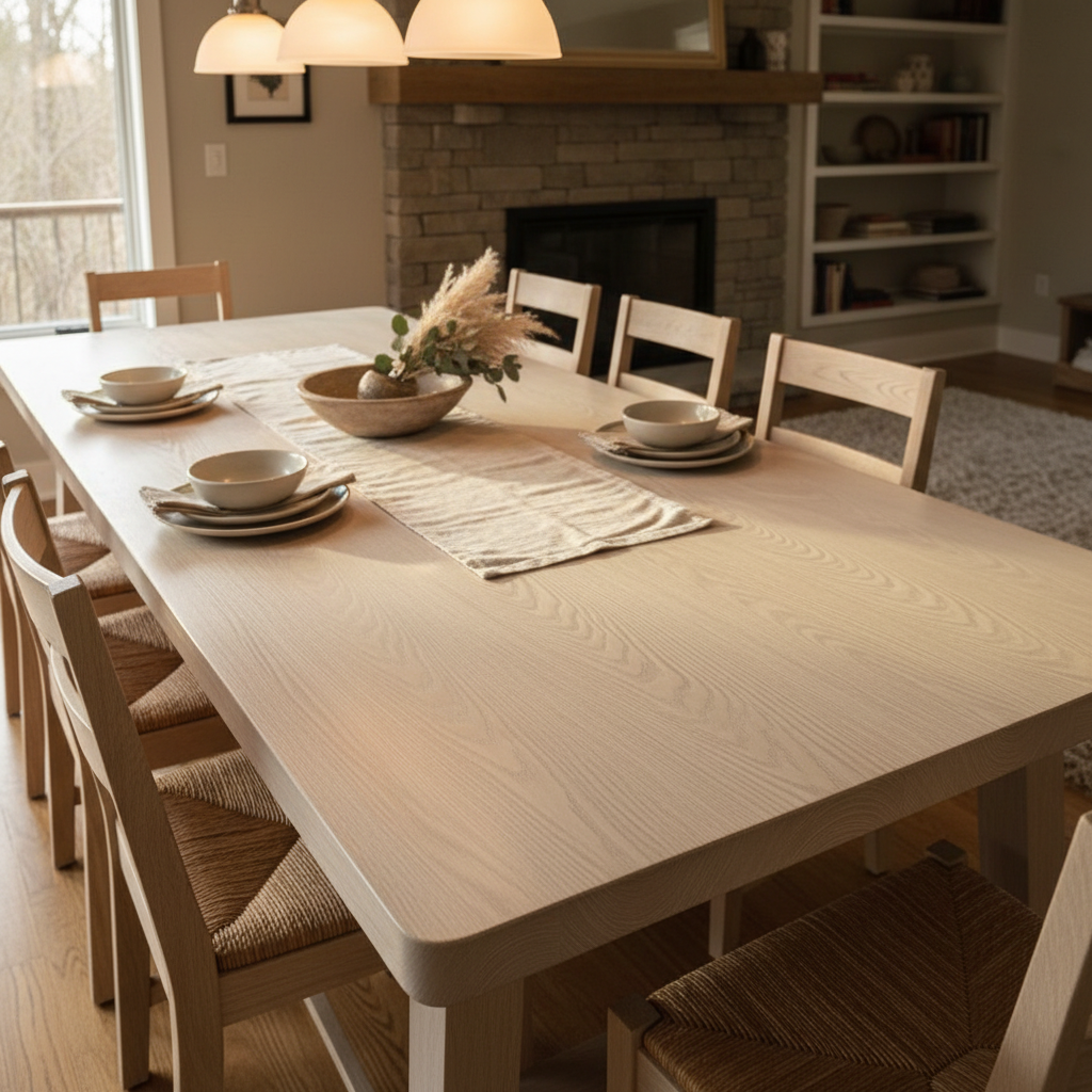 Beautifully crafted custom timber dining table in a bright interior, warm wood grain, natural finish