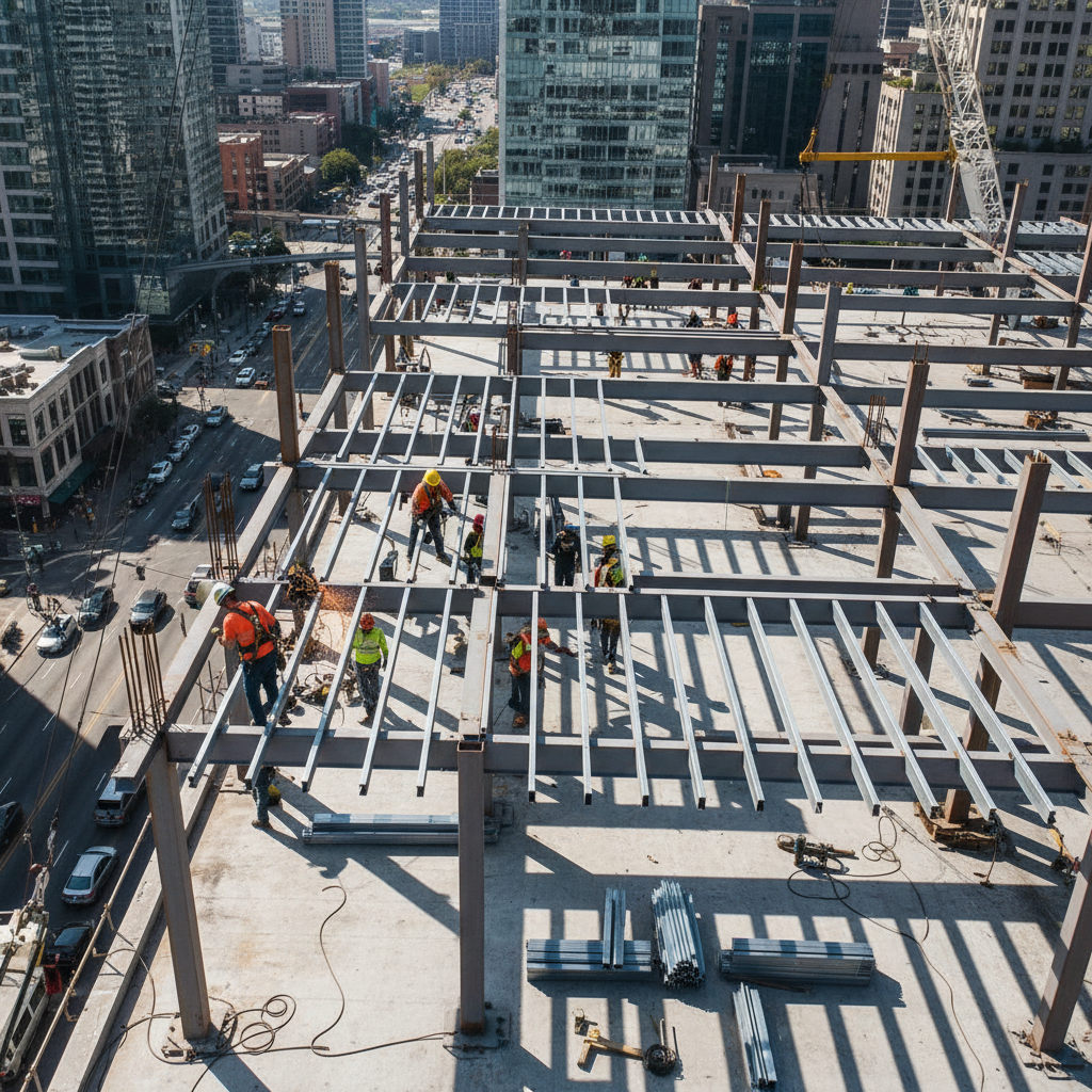 Steel framework installation during a Bromfield Development commercial project