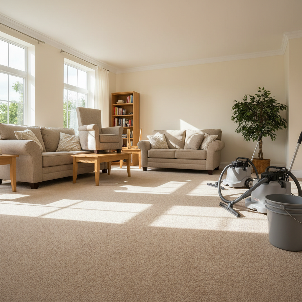 Clean bright living room after professional residential cleaning, white walls, sunlight through windows, tidy furniture