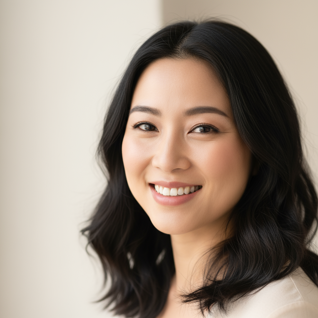 Professional headshot of Asian woman with black hair in business attire smiling warmly
