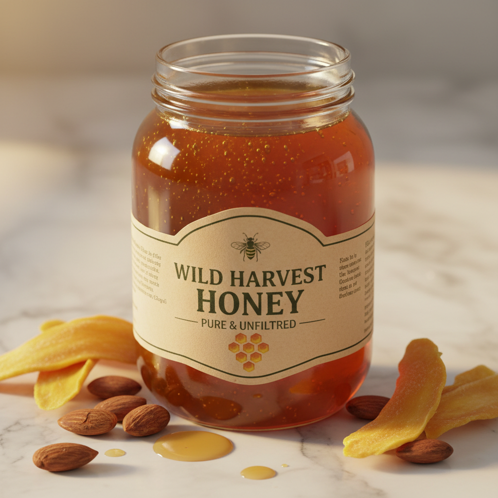 Glass jar of golden honey with black truffle pieces on warm wooden surface, soft natural light