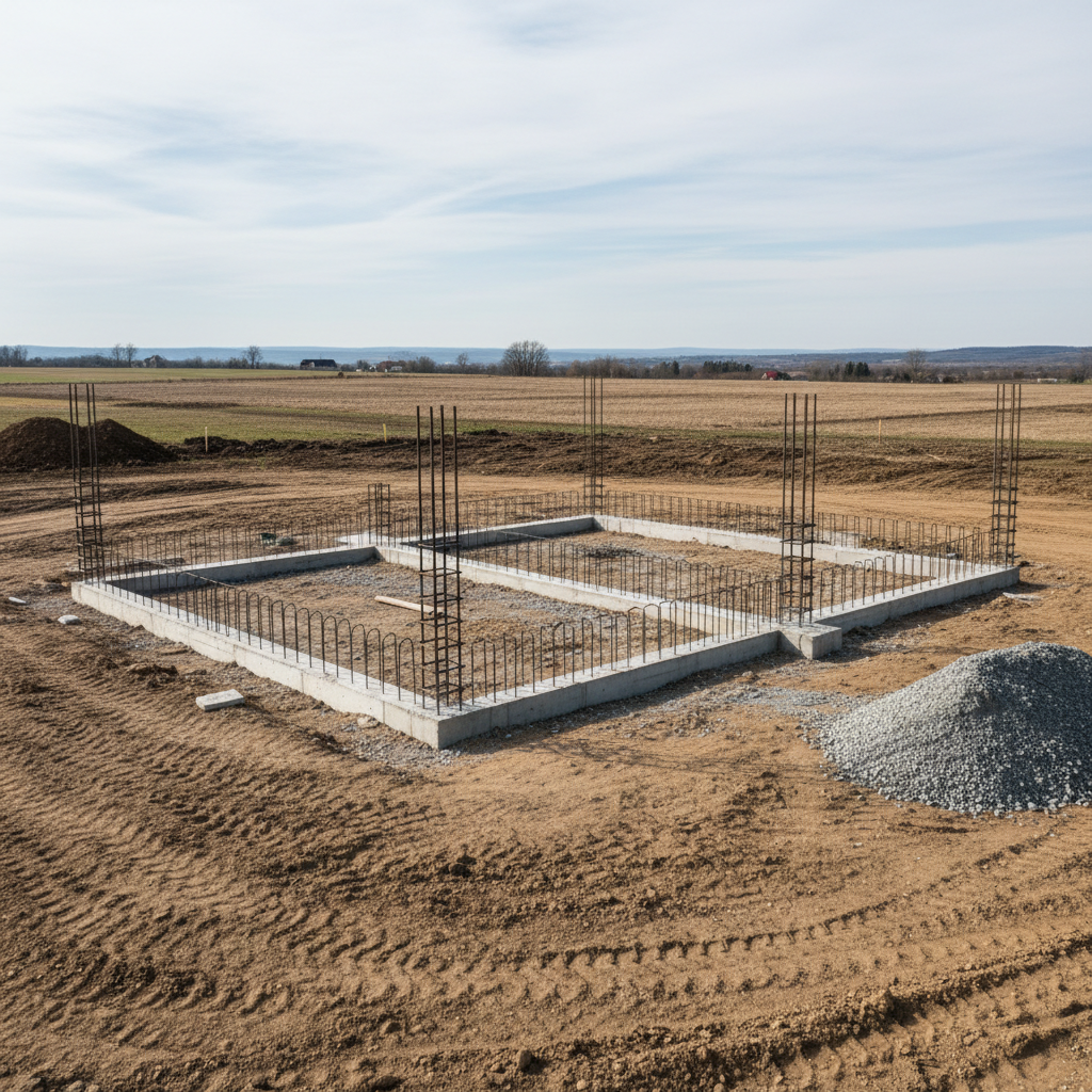 Concrete foundation and structural steel reinforcement bars at construction site, dramatic shadows, industrial setting