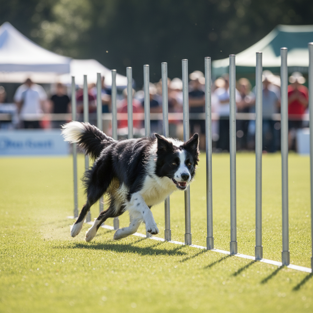 Border collie threading weave poles at competition speed