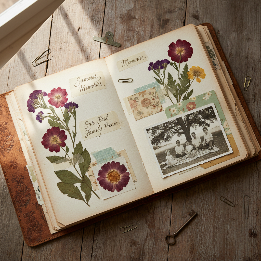 Family photobook open on coffee table showing children playing outdoors spread, bright airy pages, soft linen texture cover partially visible