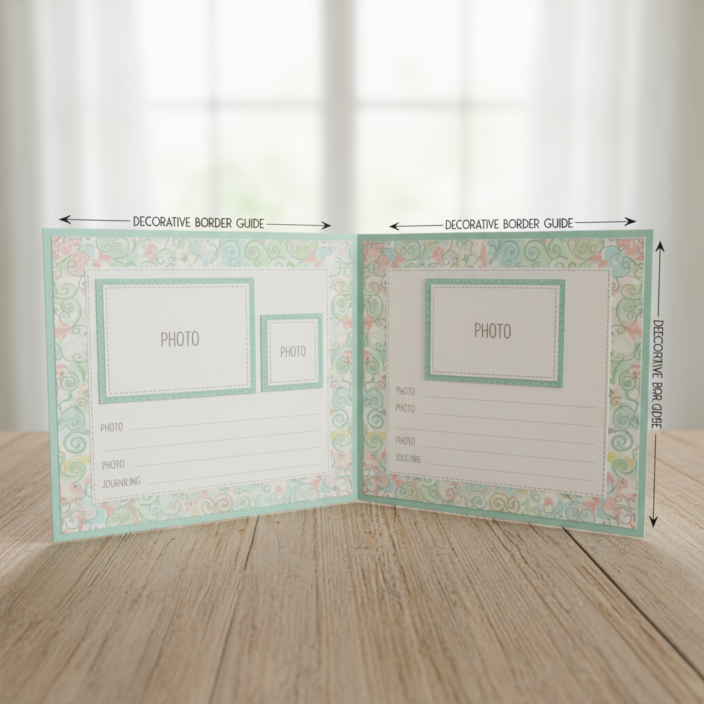 Scrapbook layout template showing a two-page spread with photo placeholders, journaling lines, and decorative border guides