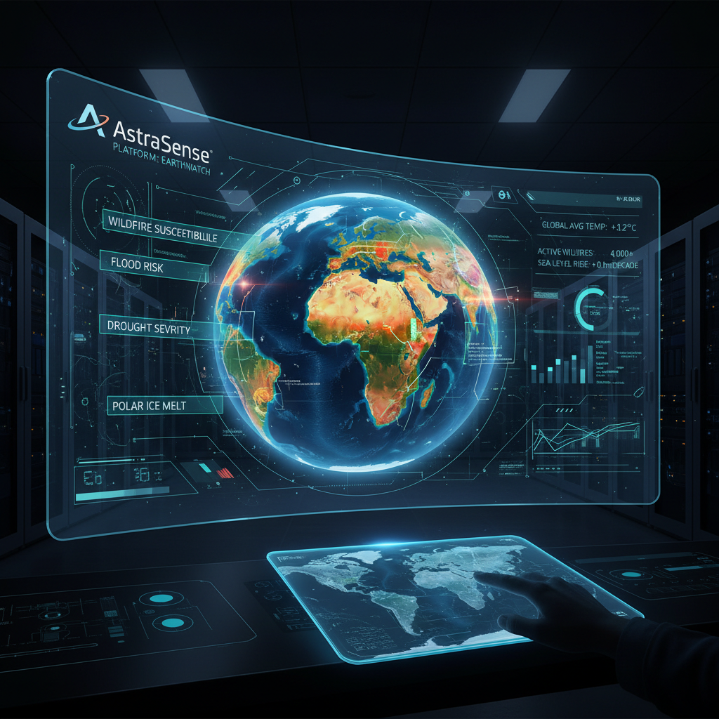 AstraSense satellite intelligence platform showing planetary heatmaps and environmental risk zones over Earth