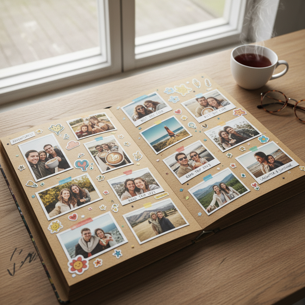 Open scrapbook album spread with colorful photos, stickers, and handwritten captions on kraft paper